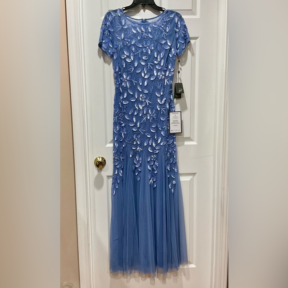 Beautiful Adrianna Papell Blue Long Dress Floral Beaded & Sequins Embroidery